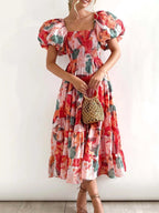 Wendy – Abito midi da donna a fiori con spalle scoperte, maniche a sbuffo e gonna a balze