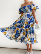 Wendy – Abito midi da donna a fiori con spalle scoperte, maniche a sbuffo e gonna a balze