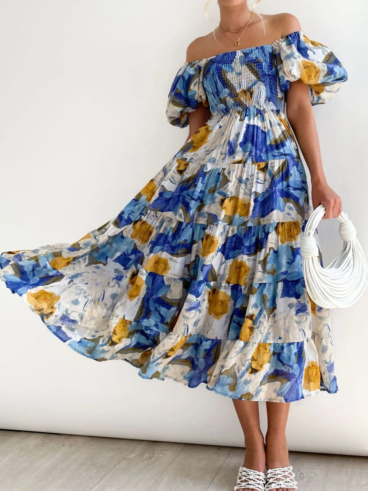 Wendy – Abito midi da donna a fiori con spalle scoperte, maniche a sbuffo e gonna a balze