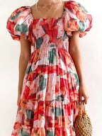 Wendy – Abito midi da donna a fiori con spalle scoperte, maniche a sbuffo e gonna a balze