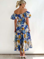 Wendy – Abito midi da donna a fiori con spalle scoperte, maniche a sbuffo e gonna a balze