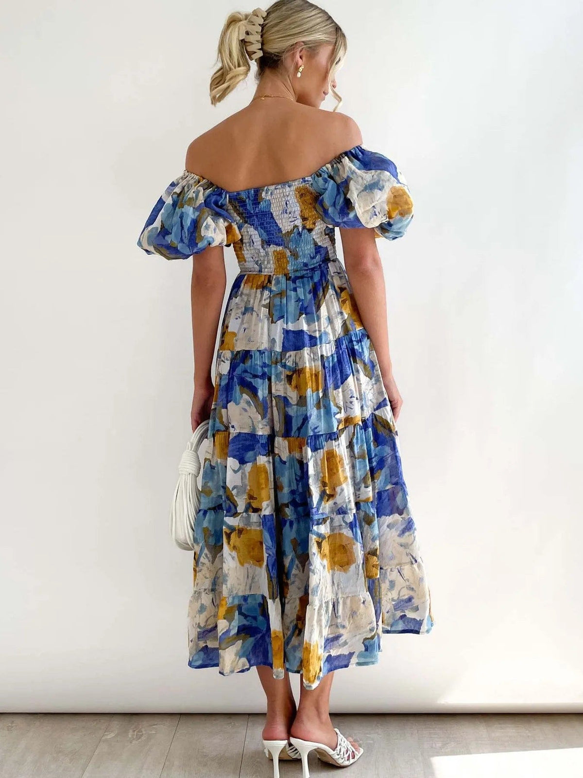 Wendy – Abito midi da donna a fiori con spalle scoperte, maniche a sbuffo e gonna a balze