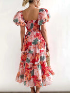 Wendy – Abito midi da donna a fiori con spalle scoperte, maniche a sbuffo e gonna a balze