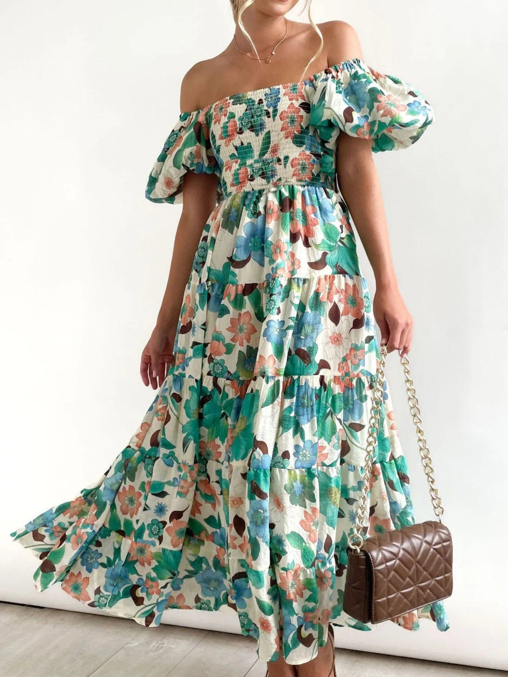 Wendy – Abito midi da donna a fiori con spalle scoperte, maniche a sbuffo e gonna a balze