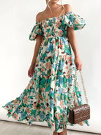 Wendy – Abito midi da donna a fiori con spalle scoperte, maniche a sbuffo e gonna a balze