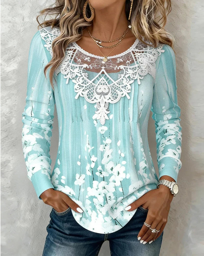 Émilienne Blouse à Manches Longues en Dentelle Florale et Imprimé Fleuri Élégant