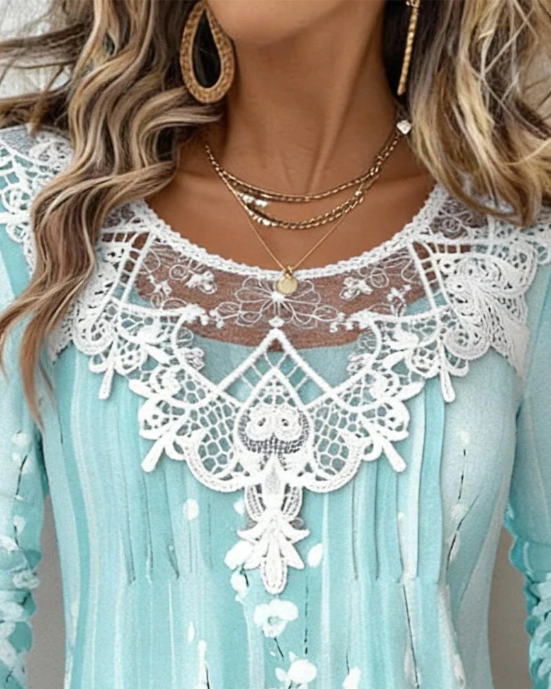 Émilienne Blouse à Manches Longues en Dentelle Florale et Imprimé Fleuri Élégant