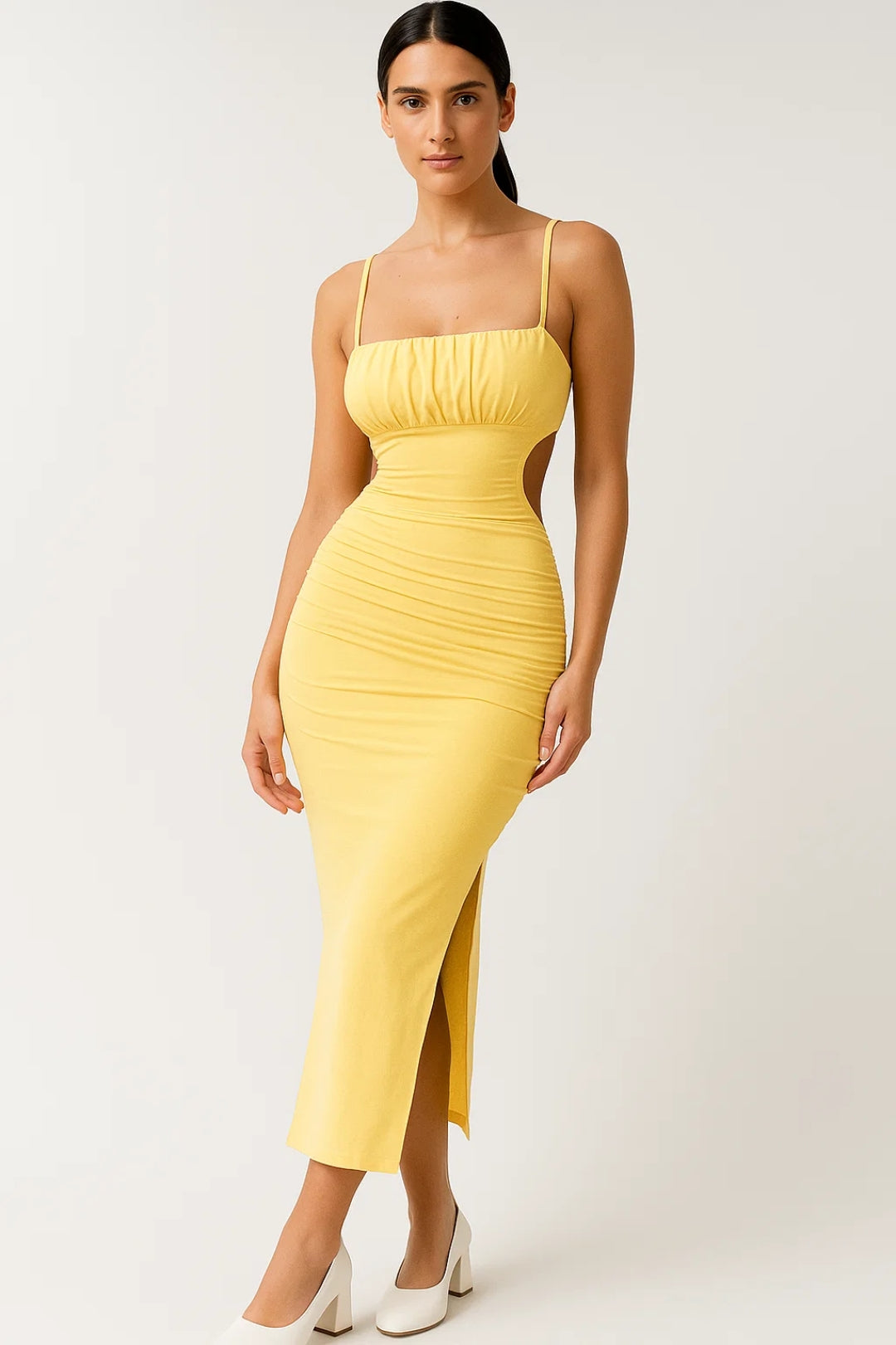 Maureen Robe Midi Bodycon Femme – Robe Élégante à Bretelles Fines avec Coupe Ajustée