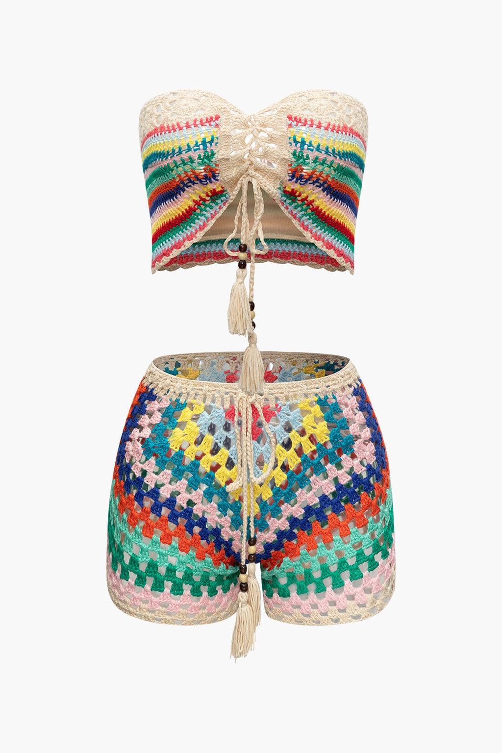 Cyrielle Ensemble Crochet Femme – Bustier à Lacets avec Short Bohème Multicolore
