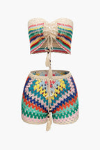 Cyrielle Ensemble Crochet Femme – Bustier à Lacets avec Short Bohème Multicolore