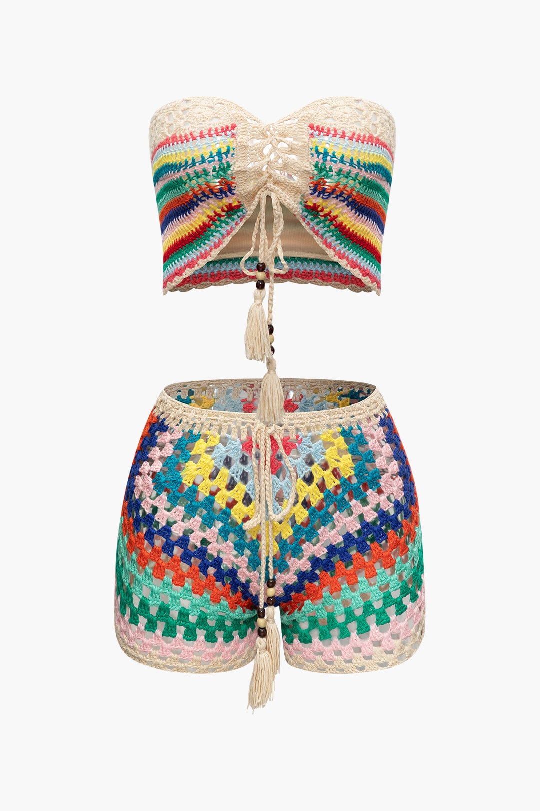 Cyrielle Ensemble Crochet Femme – Bustier à Lacets avec Short Bohème Multicolore