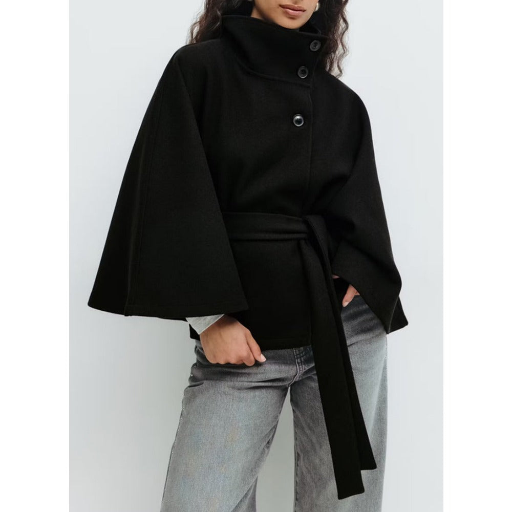 Emerson Manteau Cape Femme – Veste Élégante à Col Montant avec Ceinture Ajustable