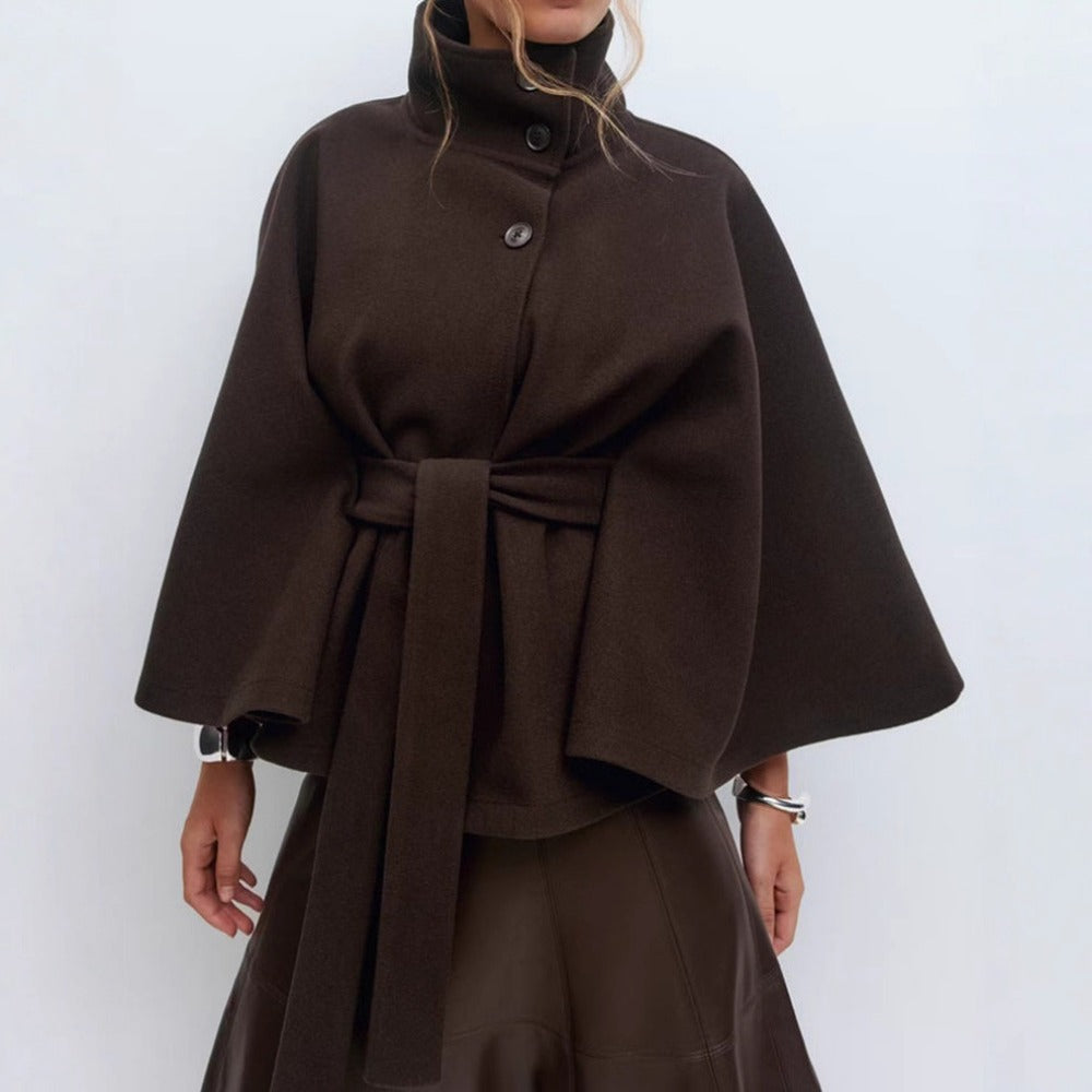 Emerson Manteau Cape Femme – Veste Élégante à Col Montant avec Ceinture Ajustable
