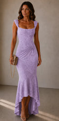Élodie Robe Midi Asymétrique Femme en Dentelle Drapée à Bretelles Larges