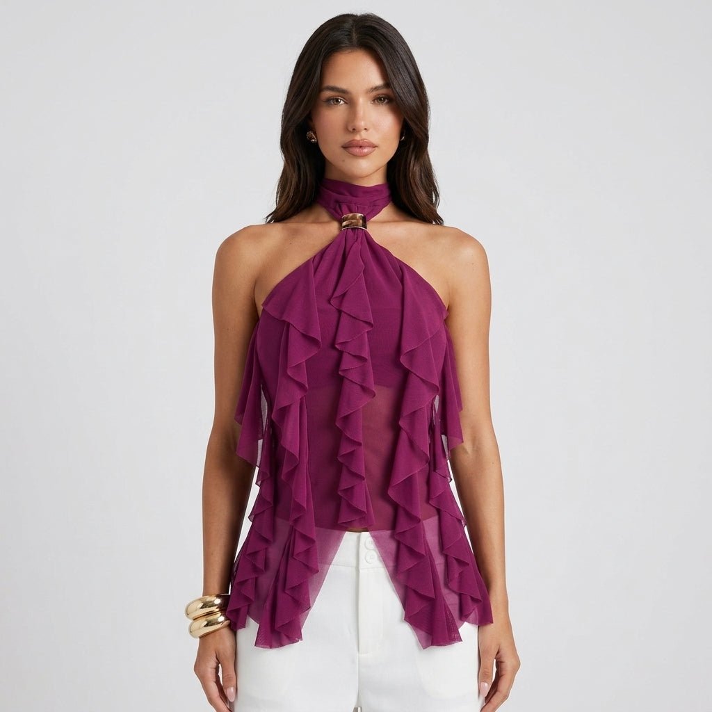 Maëva Haut Femme – Top Halter en Mousseline avec Volants Cascades et Détail Métallique