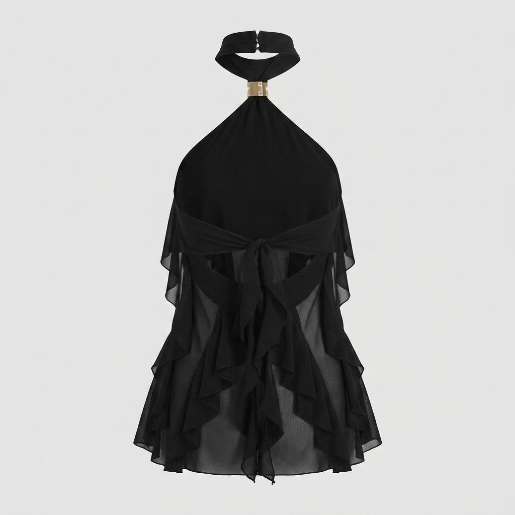 Maëva Haut Femme – Top Halter en Mousseline avec Volants Cascades et Détail Métallique