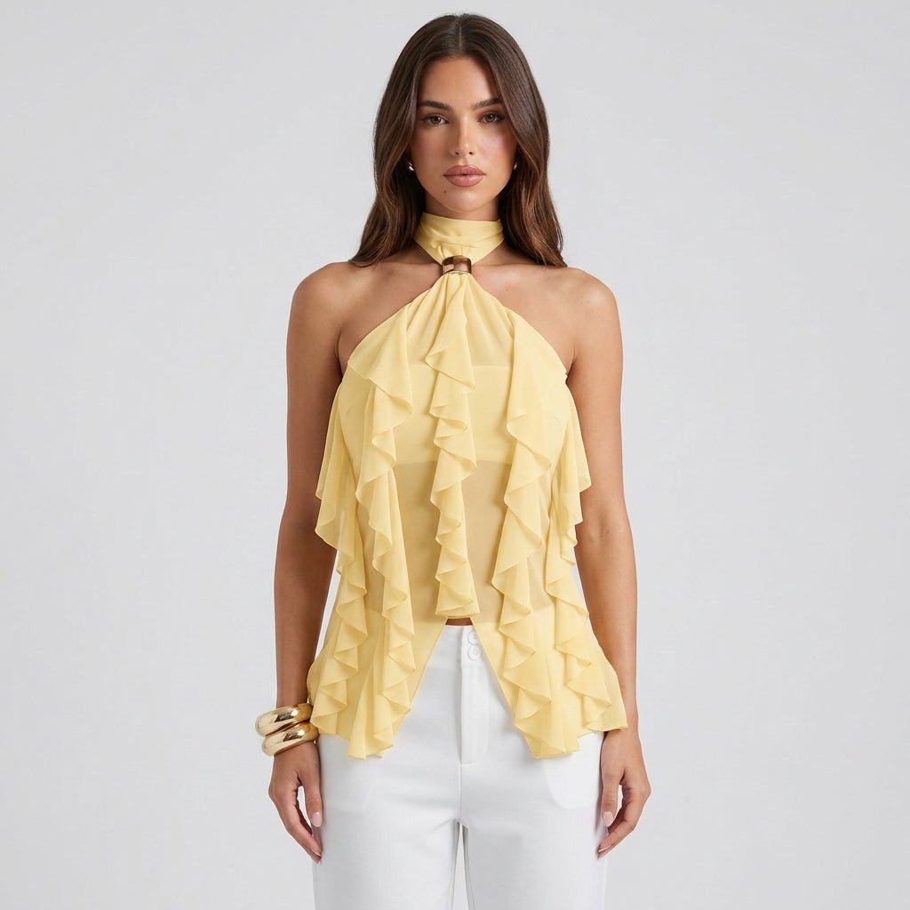 Maëva Haut Femme – Top Halter en Mousseline avec Volants Cascades et Détail Métallique