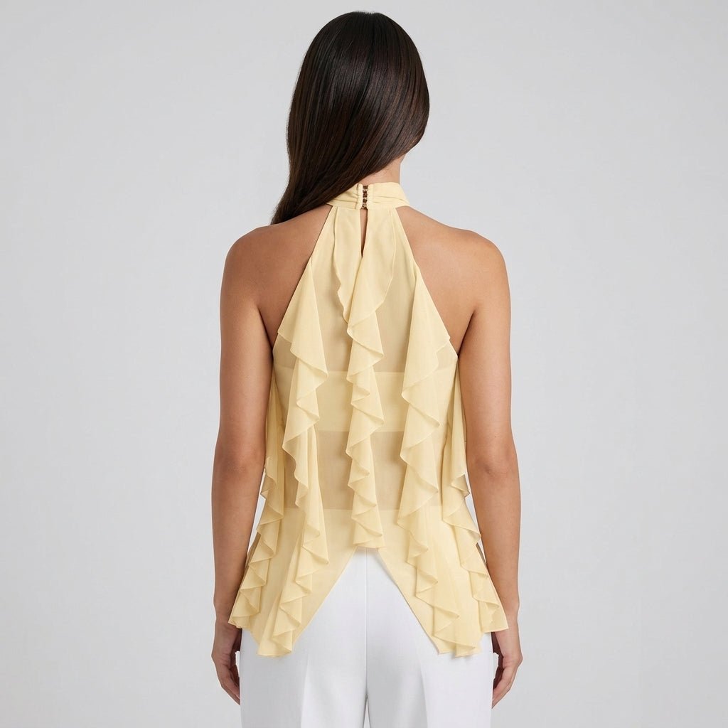 Maëva Haut Femme – Top Halter en Mousseline avec Volants Cascades et Détail Métallique