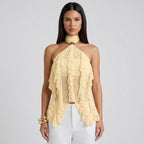 Maëva Haut Femme – Top Halter en Mousseline avec Volants Cascades et Détail Métallique