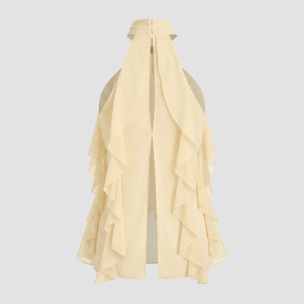 Maëva Haut Femme – Top Halter en Mousseline avec Volants Cascades et Détail Métallique
