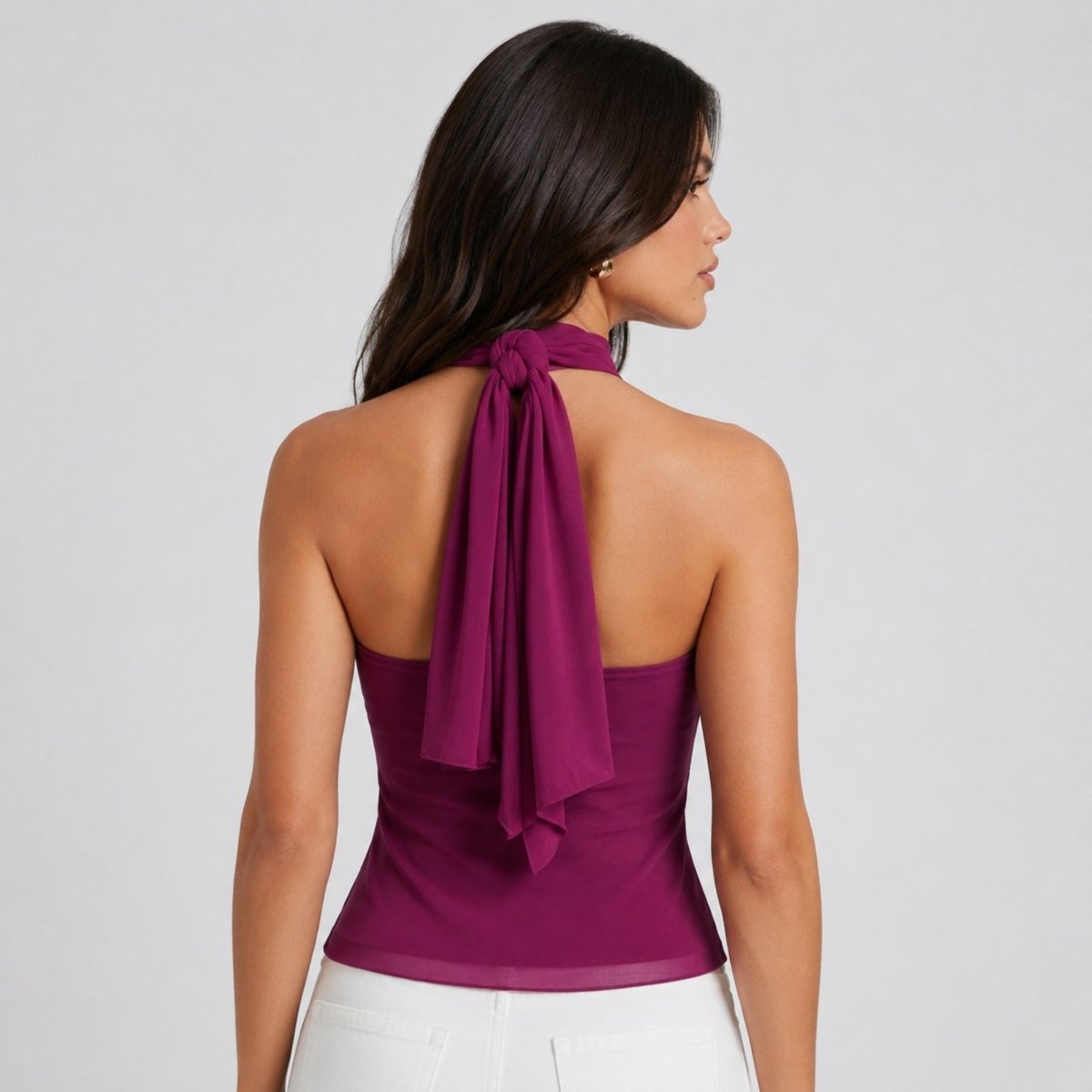 Maëva Haut Femme – Top Halter en Mousseline avec Volants Cascades et Détail Métallique