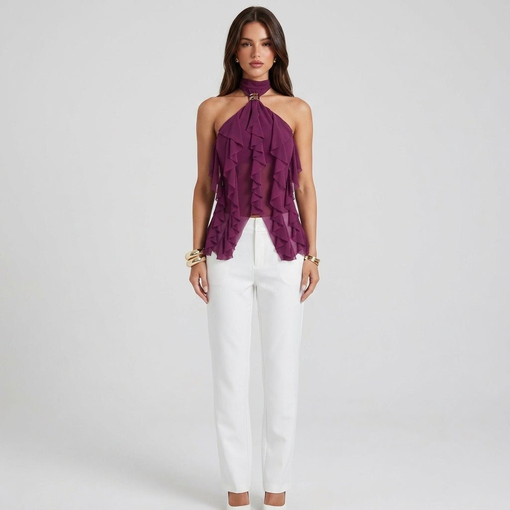 Maëva Haut Femme – Top Halter en Mousseline avec Volants Cascades et Détail Métallique