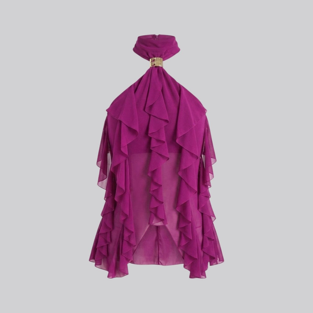 Maëva Haut Femme – Top Halter en Mousseline avec Volants Cascades et Détail Métallique