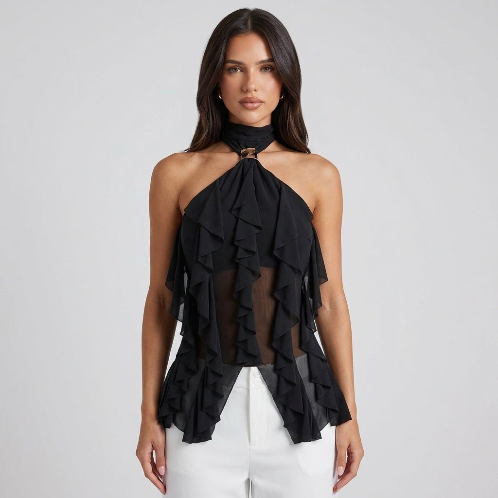Maëva Haut Femme – Top Halter en Mousseline avec Volants Cascades et Détail Métallique