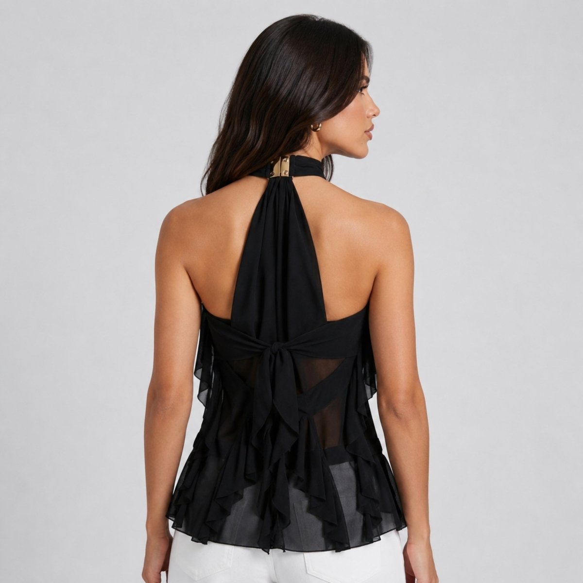 Maëva Haut Femme – Top Halter en Mousseline avec Volants Cascades et Détail Métallique