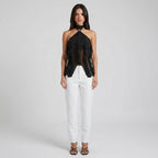 Maëva Haut Femme – Top Halter en Mousseline avec Volants Cascades et Détail Métallique