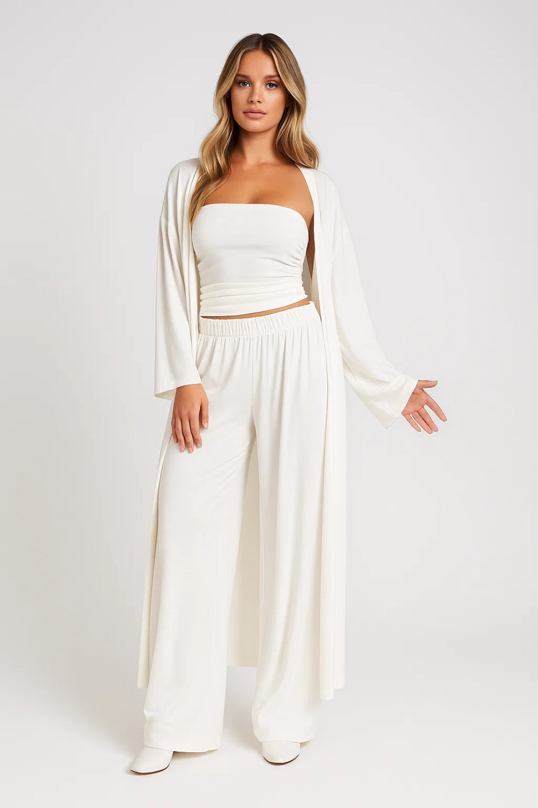 Séverine Ensemble Femme – Ensemble Trois Pièces avec Pantalon Large, Gilet Long et Top Bandeau