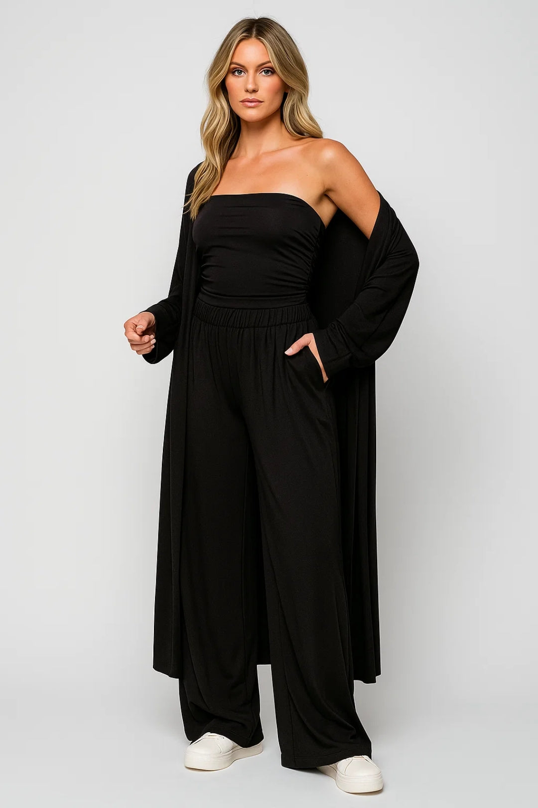 Séverine Ensemble Femme – Ensemble Trois Pièces avec Pantalon Large, Gilet Long et Top Bandeau