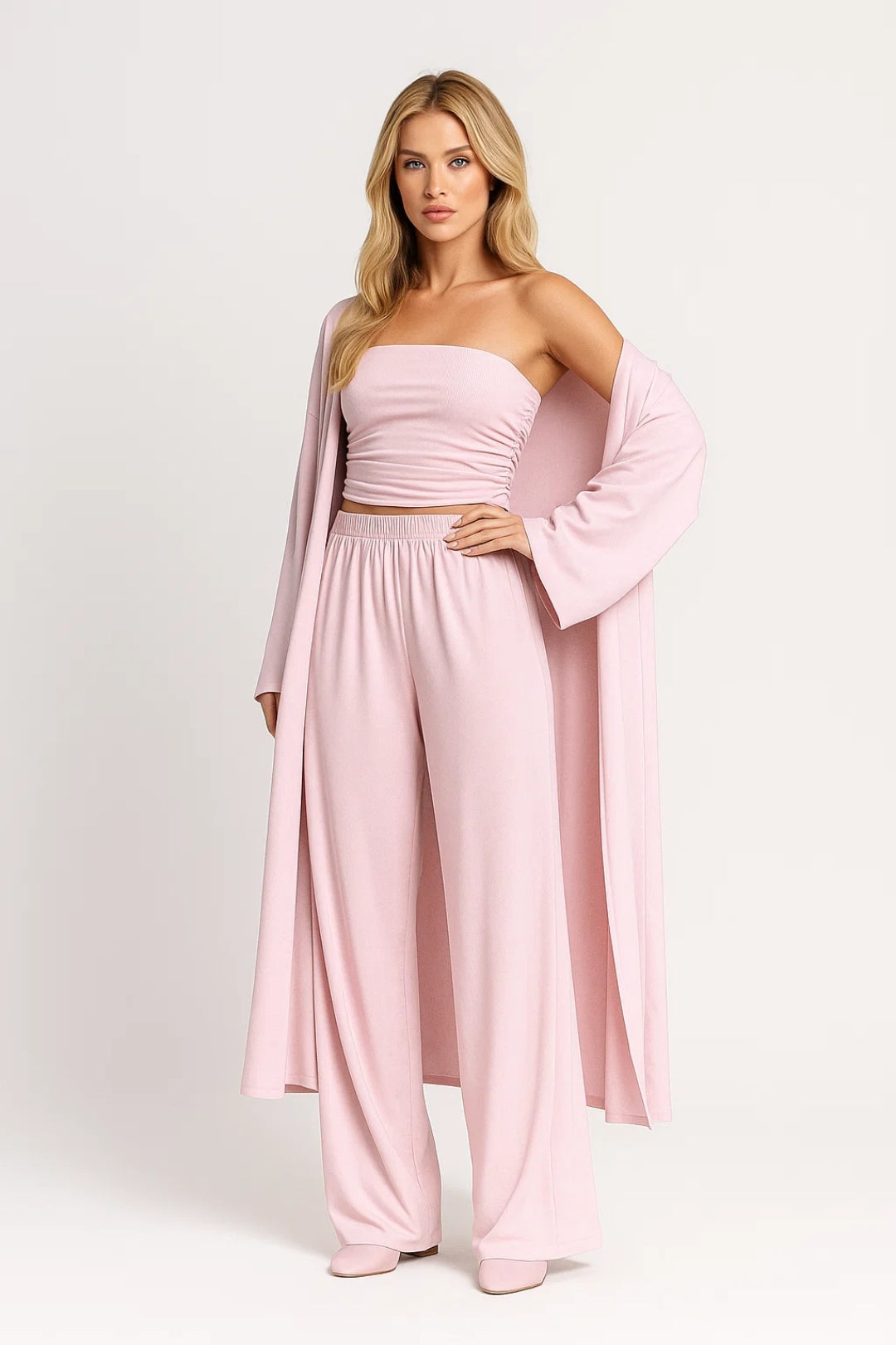 Séverine Ensemble Femme – Ensemble Trois Pièces avec Pantalon Large, Gilet Long et Top Bandeau