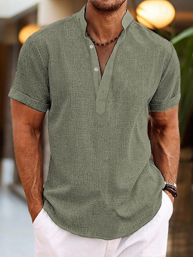 Lorenzo Chemise Homme – Chemise d’Été en Lin avec Col Henley et Manches Courtes