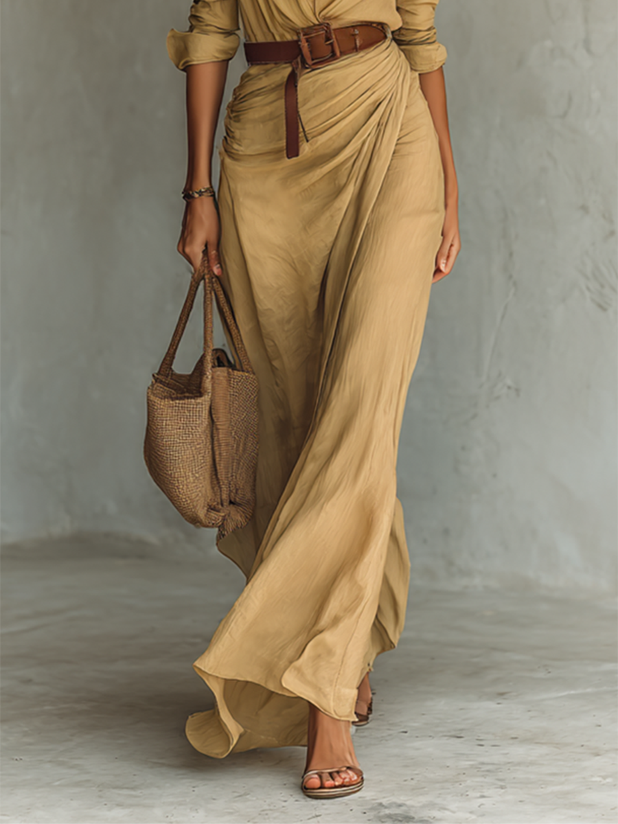 Bianca Robe Maxi à Revers – Robe Élégante Ceinturée à Manches Longues