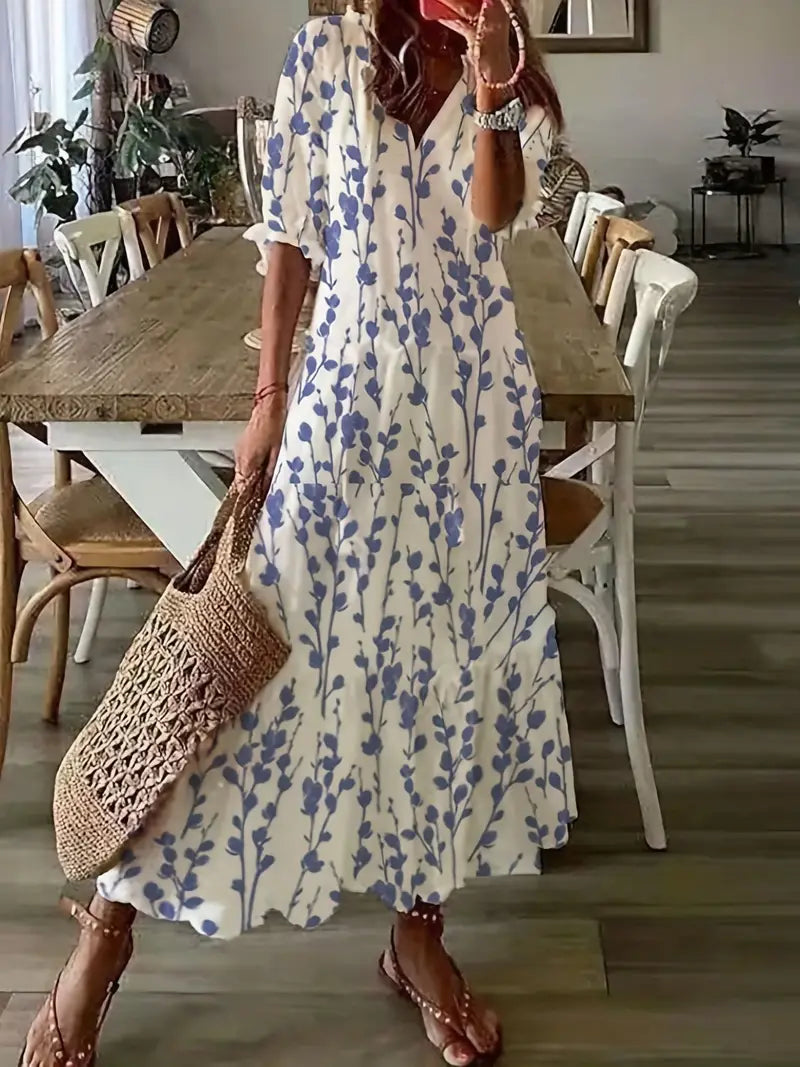 Madison Robe Bohème Femme – Robe Maxi à Col V, Motif Ikat & Coupe Fluide