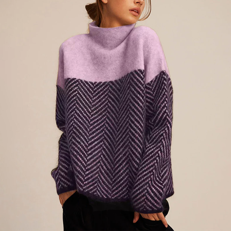 Freyja Pull Femme – Pull Col Montant à Motif Chevron avec Coupe Ample Élégante