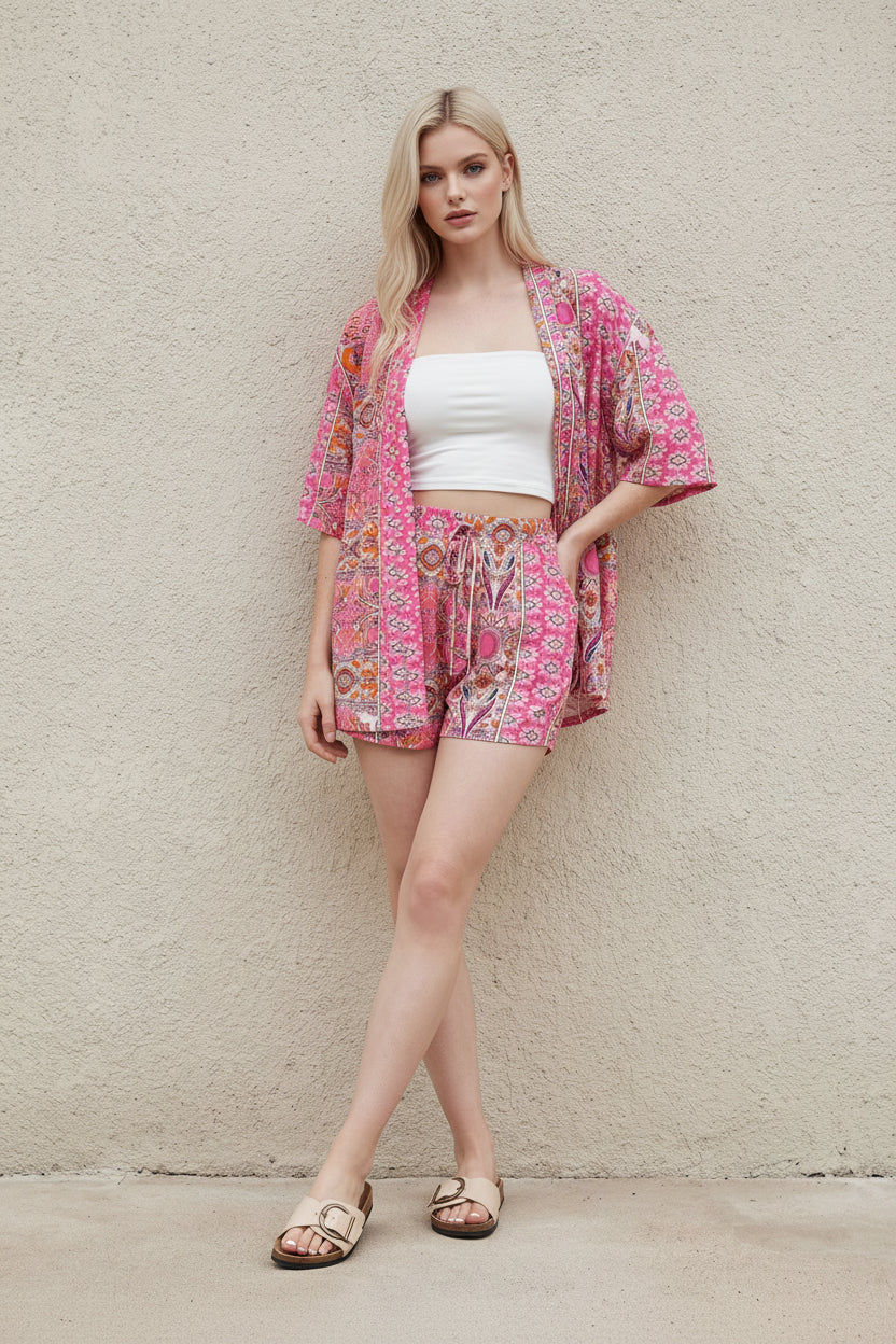 Loriane Ensemble Femme – Ensemble Blouse à Fleurs avec Short Assorti au Style Décontracté