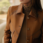Sabine Veste Femme en Cuir – Coupe Courte, Boutons Élégants & Poches Pratiques