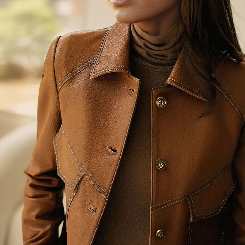 Sabine Veste Femme en Cuir – Coupe Courte, Boutons Élégants & Poches Pratiques