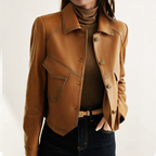 Sabine Veste Femme en Cuir – Coupe Courte, Boutons Élégants & Poches Pratiques