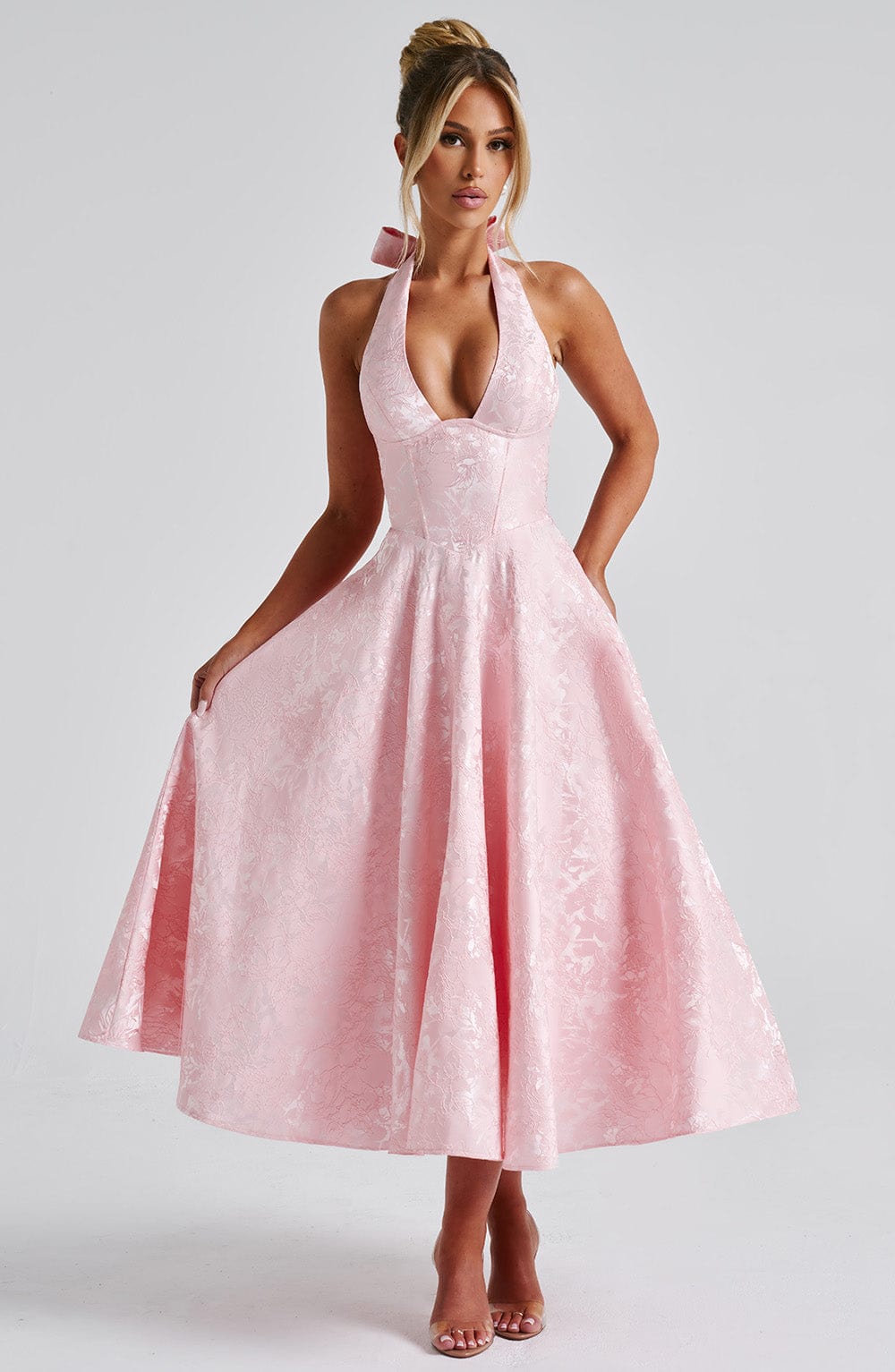 Serena Robe Midi Femme – Robe Dos Nu Jacquard avec Corsage Ajusté & Jupe Évasée