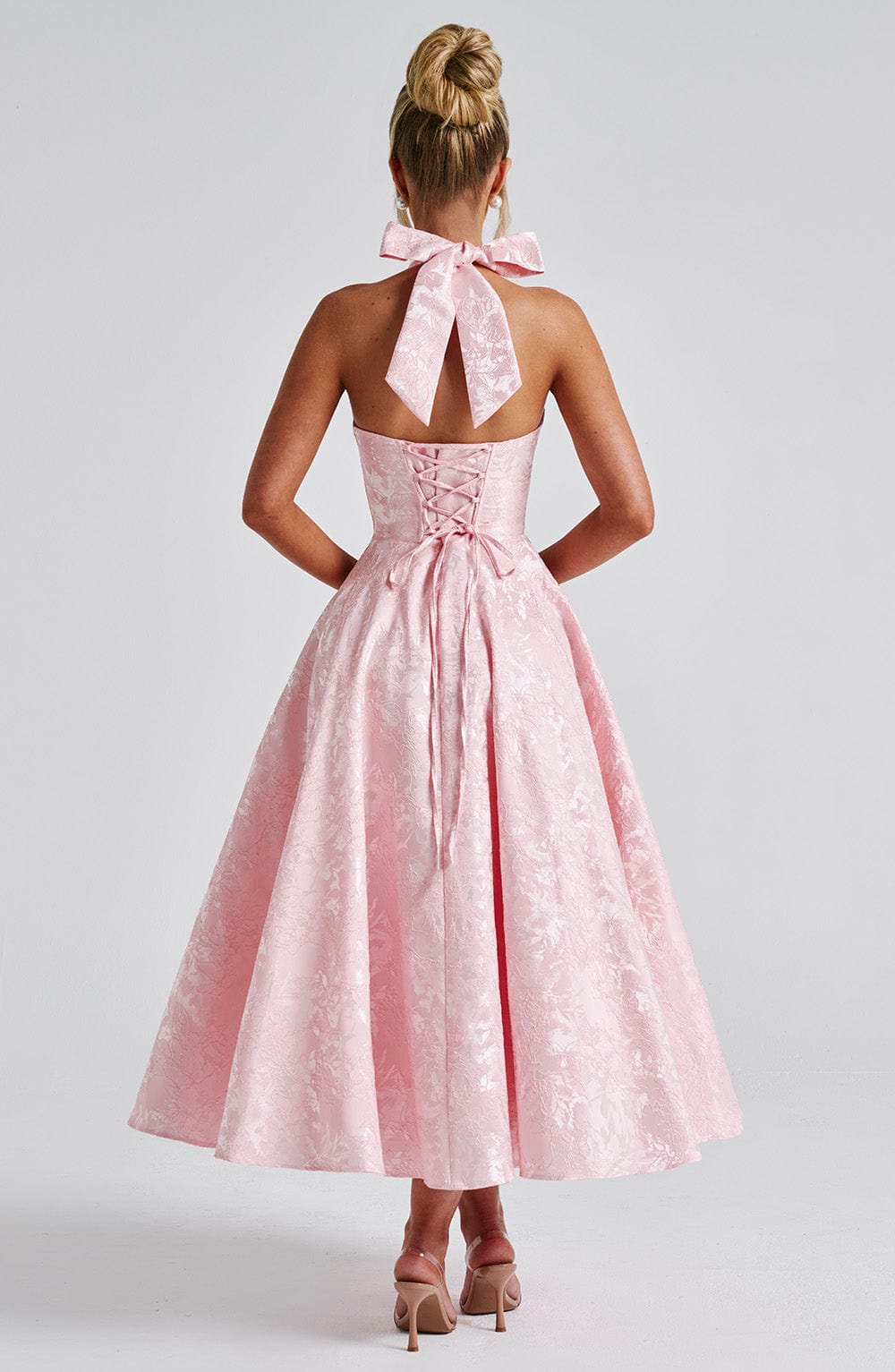 Serena Robe Midi Femme – Robe Dos Nu Jacquard avec Corsage Ajusté & Jupe Évasée