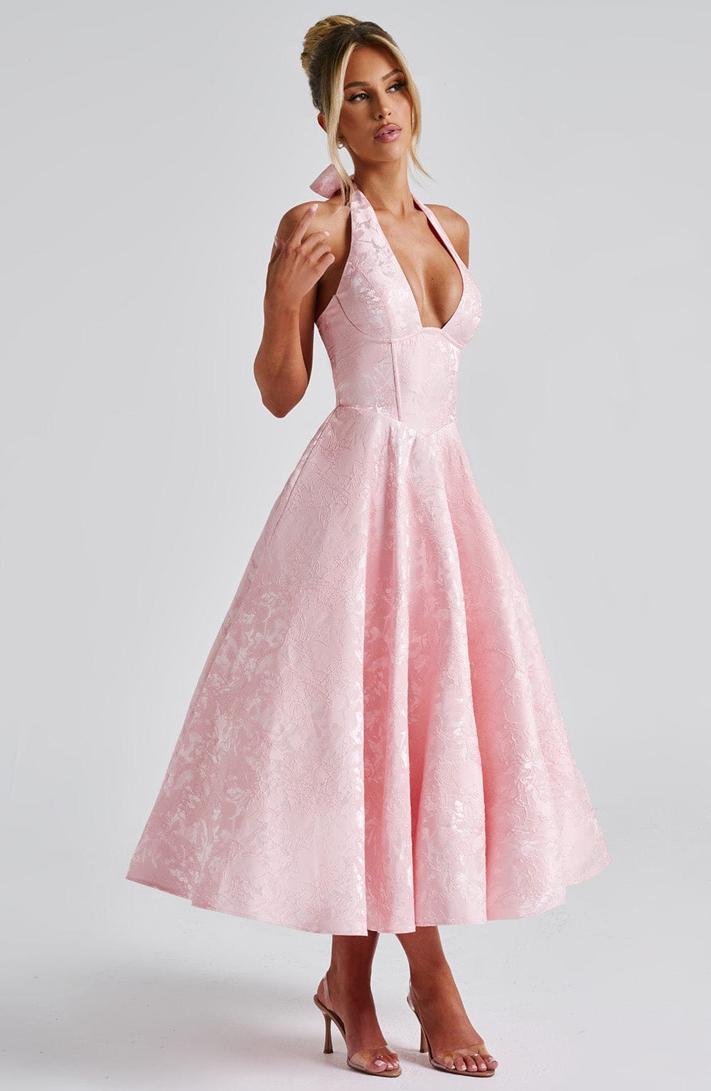 Serena Robe Midi Femme – Robe Dos Nu Jacquard avec Corsage Ajusté & Jupe Évasée