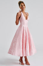 Serena Robe Midi Femme – Robe Dos Nu Jacquard avec Corsage Ajusté & Jupe Évasée
