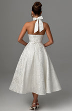 Serena Robe Midi Femme – Robe Dos Nu Jacquard avec Corsage Ajusté & Jupe Évasée