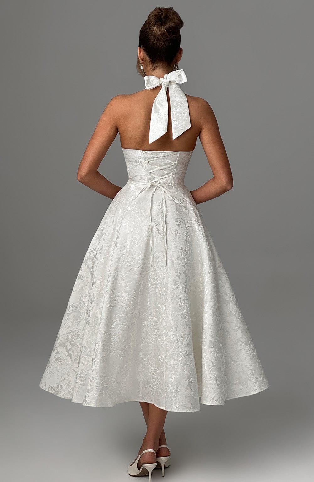 Serena Robe Midi Femme – Robe Dos Nu Jacquard avec Corsage Ajusté & Jupe Évasée