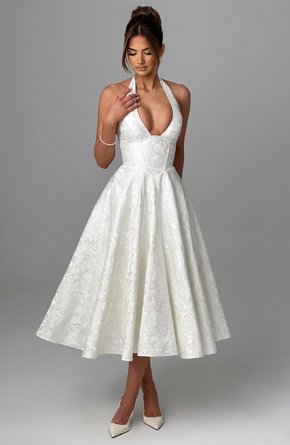 Serena Robe Midi Femme – Robe Dos Nu Jacquard avec Corsage Ajusté & Jupe Évasée