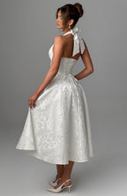 Serena Robe Midi Femme – Robe Dos Nu Jacquard avec Corsage Ajusté & Jupe Évasée