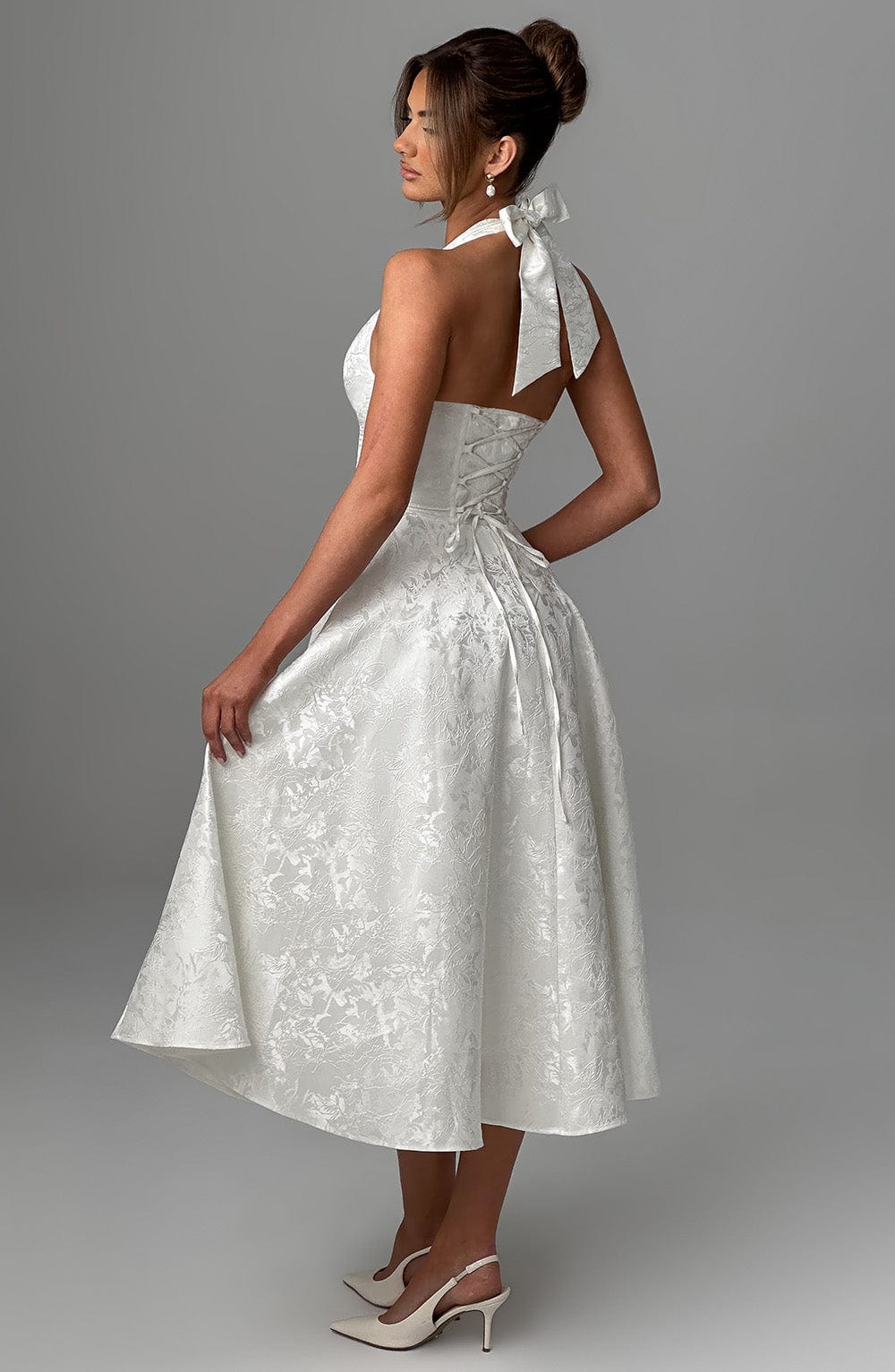 Serena Robe Midi Femme – Robe Dos Nu Jacquard avec Corsage Ajusté & Jupe Évasée